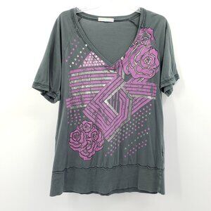 Faith Peace Love T-Shirt Sz 1X Gray V-Neck Tattoo Rose Graphic Metallic Stripes